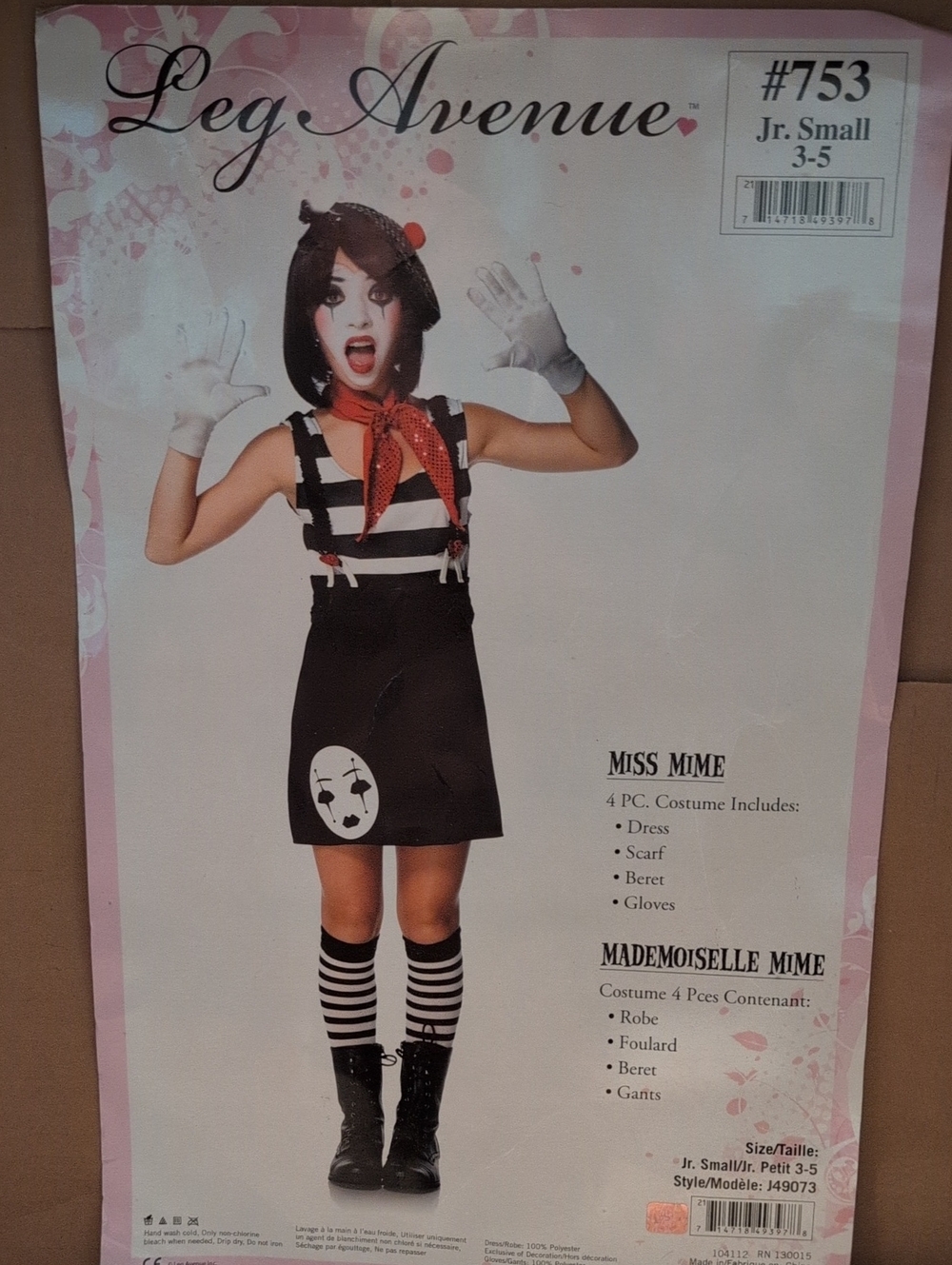 Leg Avenue Kids Miss Mime Costume — Black, White & Red Accents